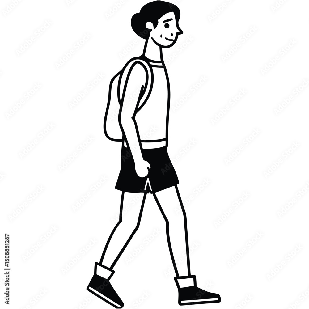 A minimalistic black and white line art illustration of a young man walking with a backpack A minimalistic black and white line art illustration of a young man walking with a backpack