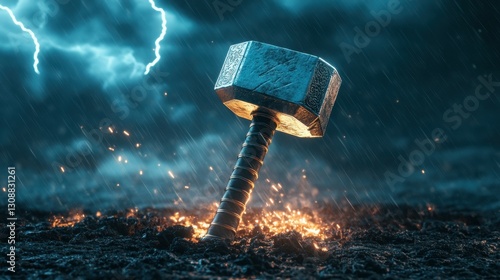 Thor hammer- crashed into the ground with lightning or storm in the background