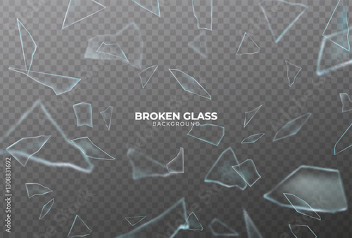 Broken glass shatter and piece. Realistic vector illustration set of explode mirror shard fragment. flying transparent sharp debris elements of smithereens beaten crystal or ice on dark background.