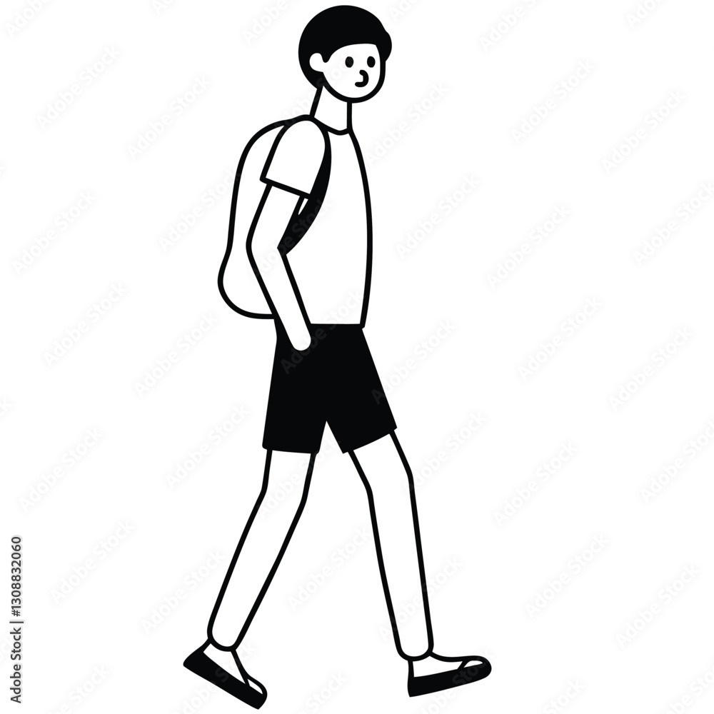 A minimalistic black and white line art illustration of a young man walking with a backpack A minimalistic black and white line art illustration of a young man walking with a backpack