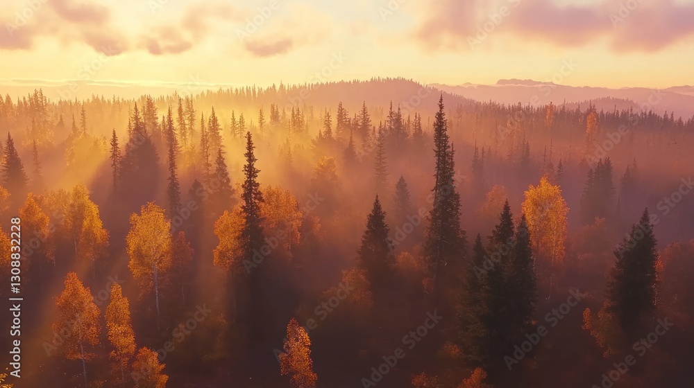Sunrise Through Misty Autumn Forest Sunrise Through Misty Autumn Forest