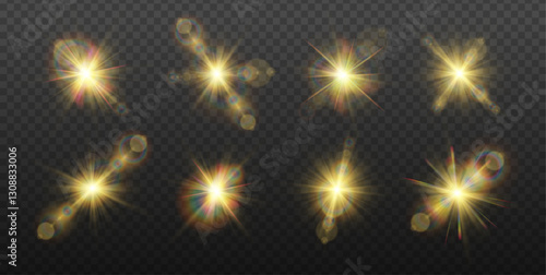 Realistic yellow glowing light explodes on transparent background. Sunlight with gold rays. Blur in the light of radiance. Sparkle sun rays. Sunbeams special lens flare. Golden star. Vector	