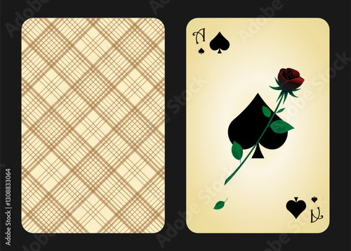 Original design of the playing card ace of spades, front and back. Ace of Spades in cartoon vintage style. Vector illustration