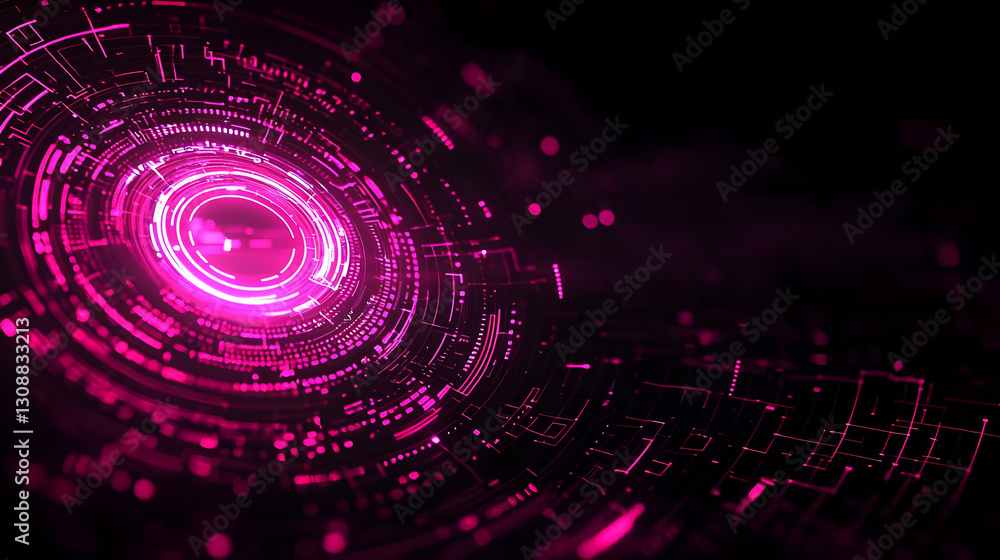 Abstract Pink Digital Tunnel With Glowing Circular Data Network on Black Background Abstract Pink Digital Tunnel With Glowing Circular Data Network on Black Background