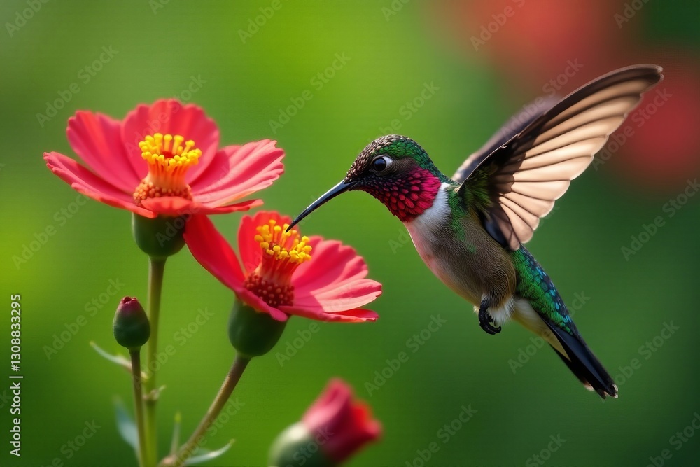 Fototapeta premium Close-up of vibrant hummingbird feeding on nectar from three dianthus flowers, nature, close-up