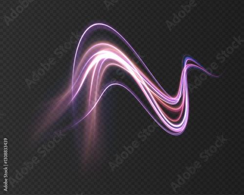 Neon color glowing lines on a dark background, creating a high-speed light trail effect. Modern abstract high-speed light motion effect on a black background with light motion and slow shutter traffic