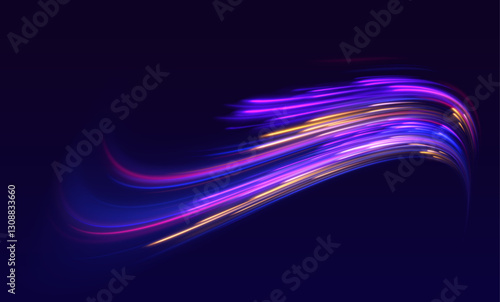High speed effect motion blur night lights blue and red. Futuristic neon light line trails. Futuristic, technology pattern for banner or poster design background concept.	
