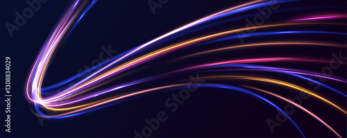 Lines in the shape of a comet against a dark background. Vortex streams of neon light. Big set of light neon lines in the form of swirl and spirals.	