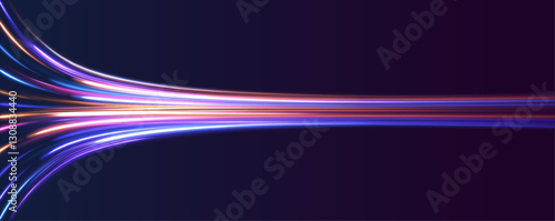 Light trail wave, fire path trace line, car lights, optic fiber and incandescence curve twirl. Vector glitter light fire flare trace. Speed of light in galaxy.	