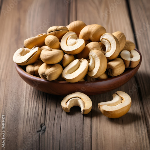 cashew nut (Anacardium occidentale) on wooden table photo