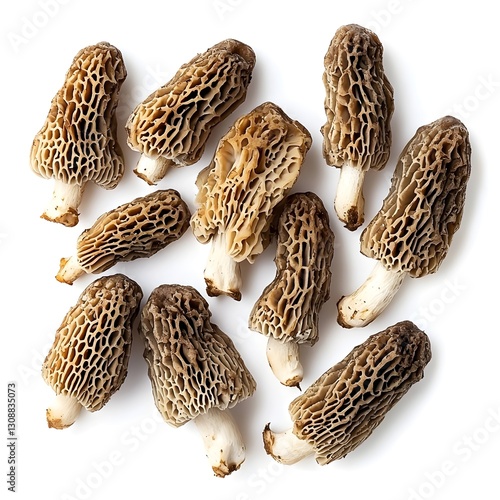 Morel Mushrooms with Detailed Texture, Overhead View, Isolated on White Background