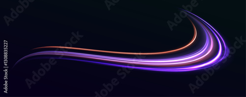 Beautiful glow light flare and spark. Neon line as speed or arc, turn, twist, bend in light effect. Light arc in neon colors, in the form of a turn and a zigzag. 