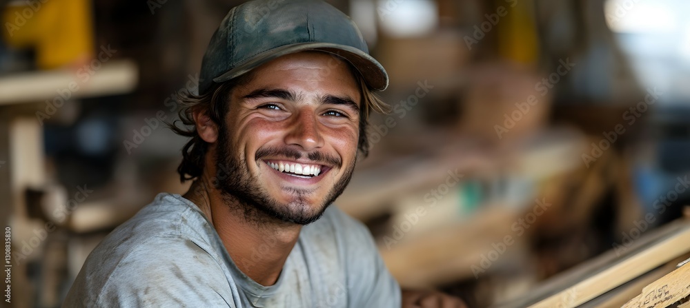 A carpenter smiling while sanding a wooden surface, with ample space for a banner A carpenter smiling while sanding a wooden surface, with ample space for a banner