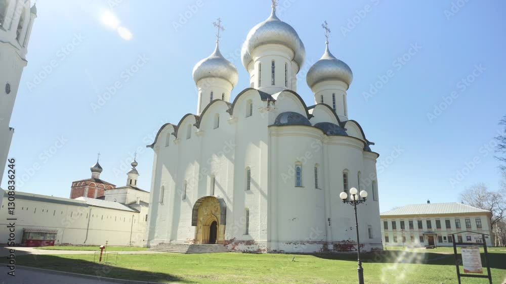 
Vologda Kremlin. View of St. Sophia Cathedral. Historical heritage. Medieval Orthodox church with domes. Sunny summer day. Picturesque view.