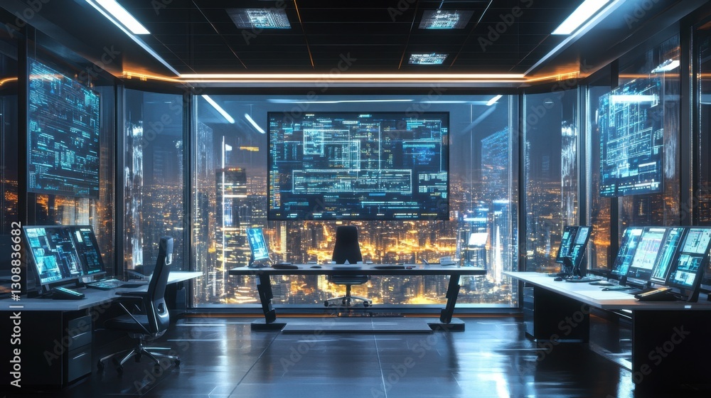 Modern office space with technology displays and a city view, designed for data analysis and monitoring. Modern office space with technology displays and a city view, designed for data analysis and monitoring.