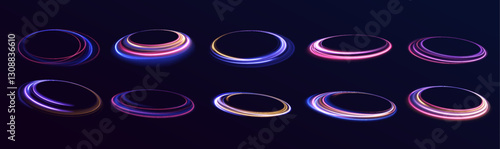 Set of neon blurry light circles at motion . Vector swirl trail effect. Abstract vector fire circles, sparkling swirls and energy light spiral frames.