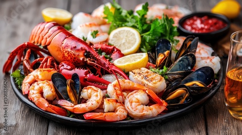 Colorful Seafood Platter with Lobster, Shrimp, Mussels, and Fresh Lemon on Rustic Wooden Table