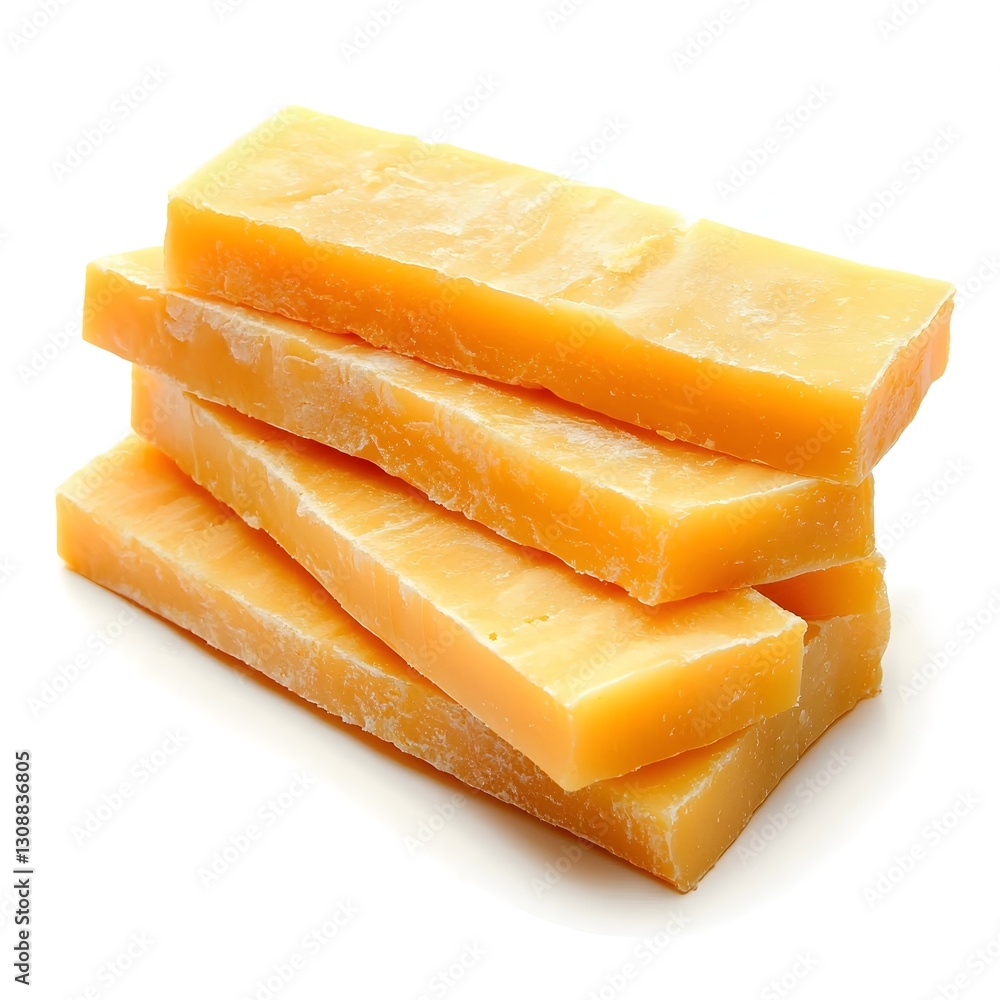 Sliced Cheddar Cheese, Fresh and Clean Side View, Isolated on White Background Sliced Cheddar Cheese, Fresh and Clean Side View, Isolated on White Background