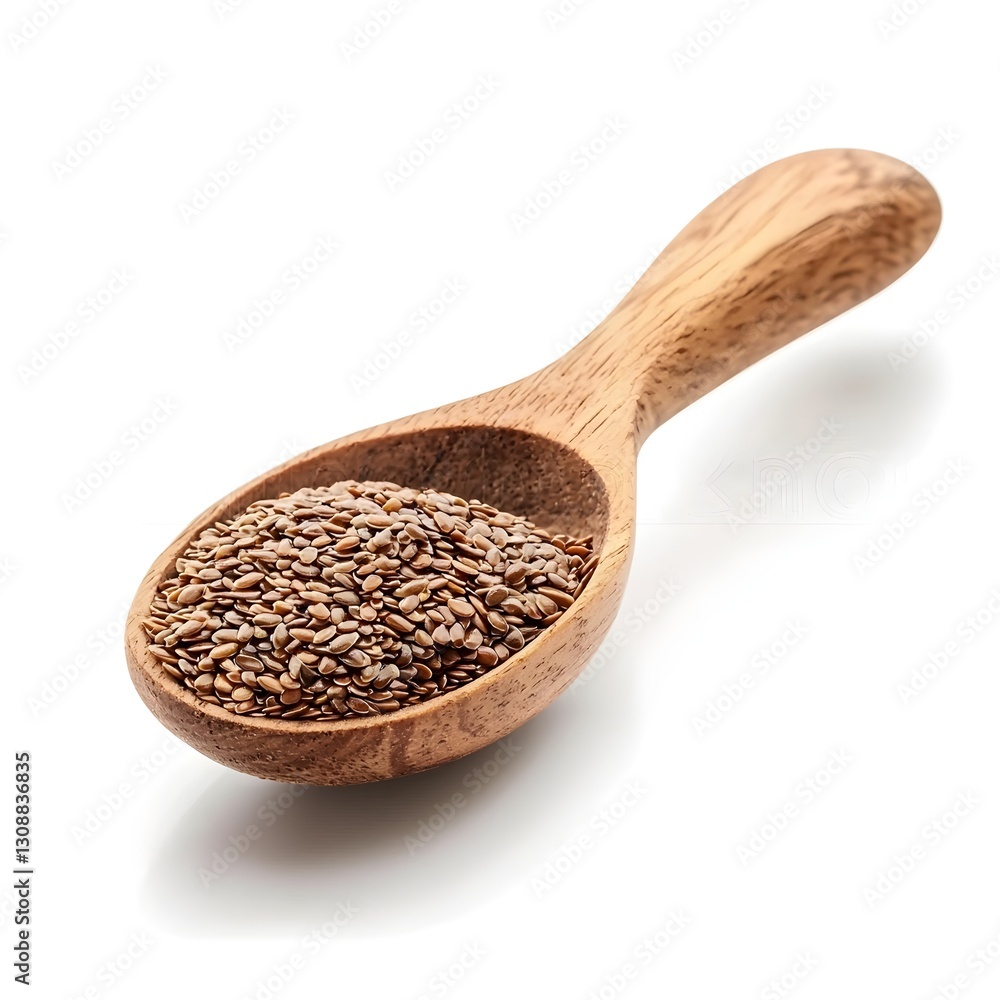 Flax Seeds in Wooden Spoon, Side View, Isolated on White Background, Natural and Organic Food Flax Seeds in Wooden Spoon, Side View, Isolated on White Background, Natural and Organic Food