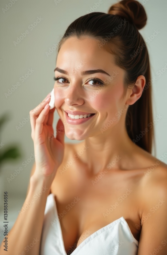 Smiling woman cleaning face with cotton pad, beauty and skincare routine Smiling woman cleaning face with cotton pad, beauty and skincare routine