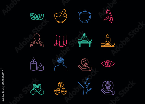 A set of icons for Traditional Medicine. The icons include a cigarette, acupuncture, a sense of acupuncture, ginseng, and a Yin Yang circle. Editable stroke. Vector illustration.