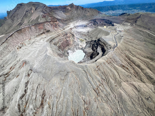 Tableau sur toile Mount Aso. Crater of active volcano. Helicopter view.