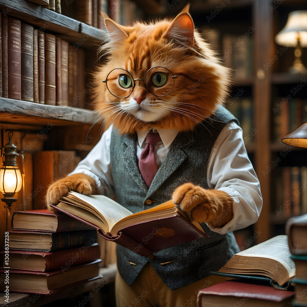 Redhaired cat in a library wearing glasses and a suit while reading a book in warm lighting Redhaired cat in a library wearing glasses and a suit while reading a book in warm lighting