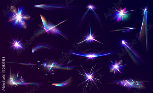 Set Rainbow crystal light leak flare reflection effect. Transparent refraction elements. Transparent refractive elements reflecting the rainbow crystal. Vector illustration.	