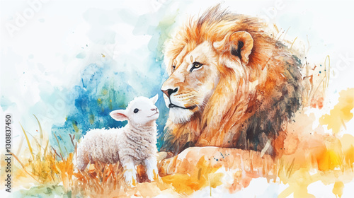 Vector illustration, watercolor painting of lion and cute lamb on meadow