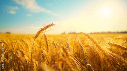 A panoramic wheat field swaying gently under the warm afternoon sun.