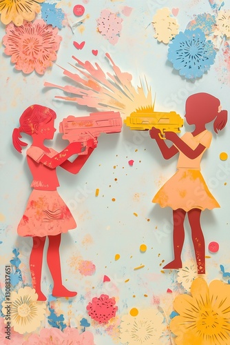 Vibrant Cut-Paper Collage of Pichkaris Spraying Colors with Silhouetted Children Celebrating Holi Festival
