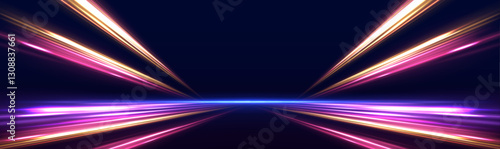 Abstract neon stripes with drills, turns, and swirls in high-speed motion, depicting futuristic road movement and glowing blue-purple light trails.	