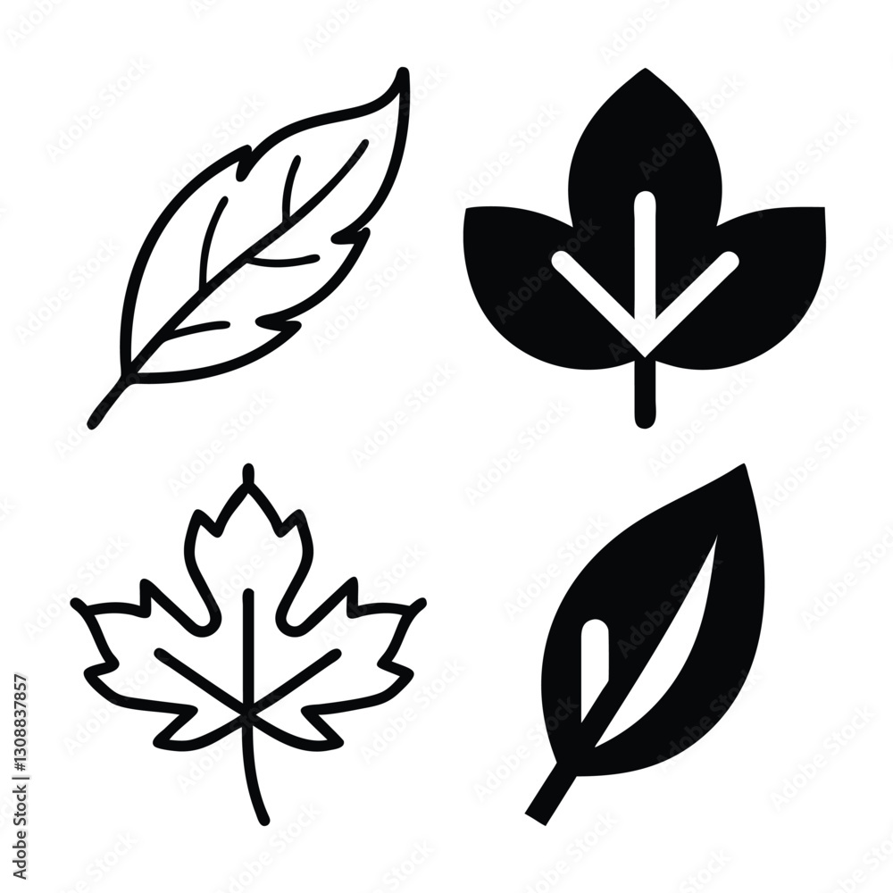 Four stylized leaf icons in black and white. Four stylized leaf icons in black and white.