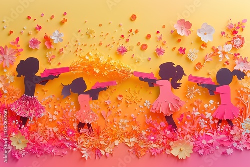Vibrant Cut-Paper Collage of Pichkaris Spraying Colors with Silhouetted Children Celebrating Holi Festival