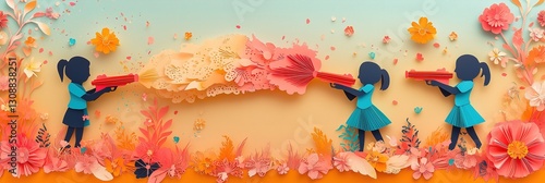 Vibrant Cut-Paper Collage of Pichkaris Spraying Colors with Silhouetted Children Celebrating Holi Festival