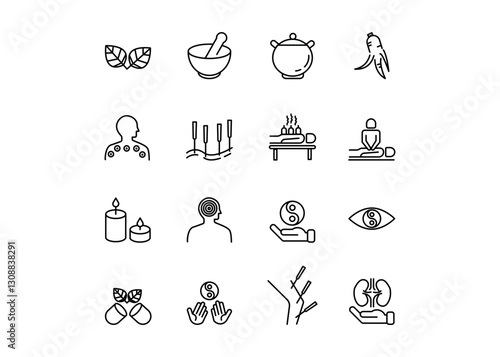 A set of icons for Traditional Medicine. The icons include a cigarette, acupuncture, a sense of acupuncture, ginseng, and a Yin Yang circle. Editable stroke. Vector illustration.
