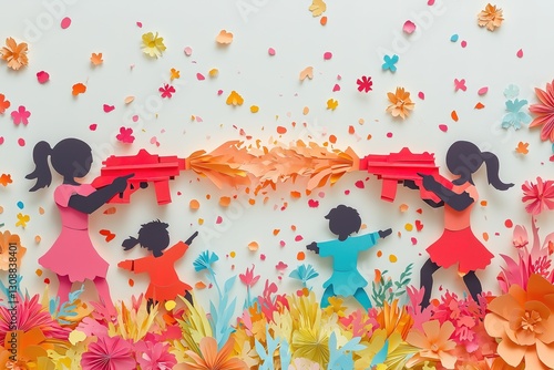Vibrant Cut-Paper Collage of Pichkaris Spraying Colors with Silhouetted Children Celebrating Holi Festival