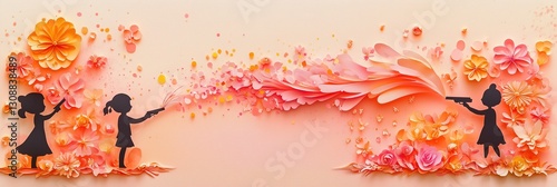 Vibrant Cut-Paper Collage of Pichkaris Spraying Colors with Silhouetted Children Celebrating Holi Festival