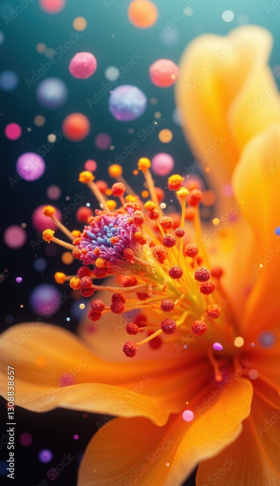 Illustration of plant pollen with colorful particles highlighting seasonal allergies Illustration of plant pollen with colorful particles highlighting seasonal allergies