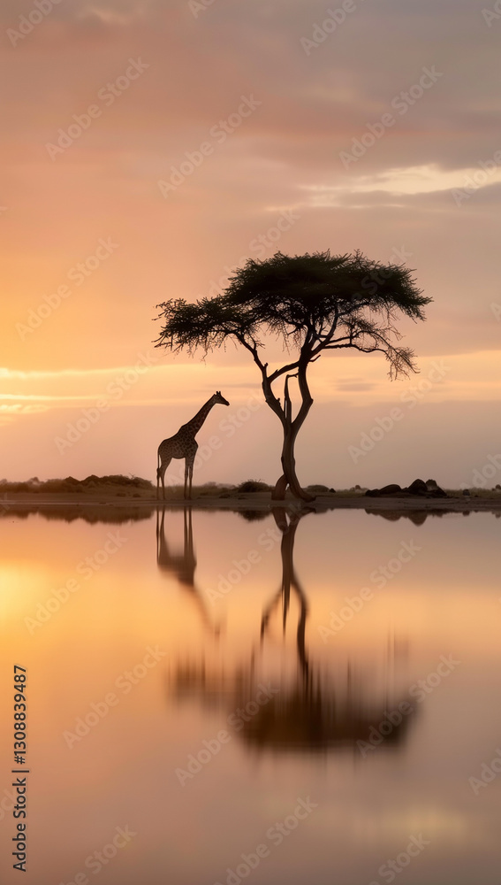 Obraz premium Stunning full-body side view of a giraffe in the savanna at sunset