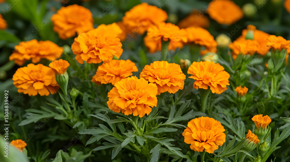 A patch of marigold flowers with bright orange blooms and green leaves, brightening up the garden in spring. A patch of marigold flowers with bright orange blooms and green leaves, brightening up the garden in spring.