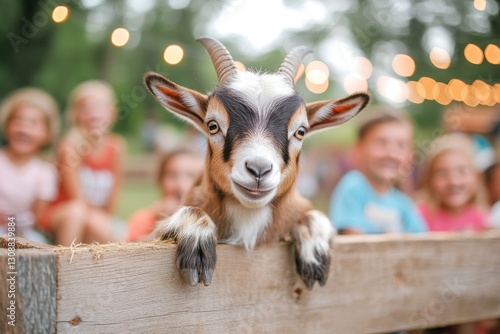 A goat climbing a small wooden structure in a petting zoo setup, with children laughing in the background