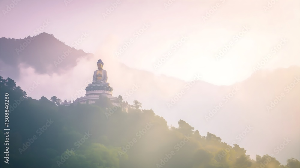 Buddha statue on mountain peak surrounded by lush forest and misty valleys. Serene landscape with stone monument amid green vegetation, mountain. Buddhist temples, wellness retreats. Horizontal banner Buddha statue on mountain peak surrounded by lush forest and misty valleys. Serene landscape with stone monument amid green vegetation, mountain. Buddhist temples, wellness retreats. Horizontal banner