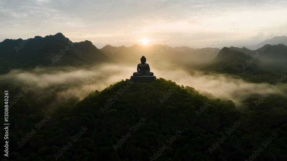 Buddha statue on mountain peak surrounded by lush forest and misty valleys. Serene landscape with stone monument amid green vegetation, mountain. Buddhist temples, wellness retreats. Horizontal banner Buddha statue on mountain peak surrounded by lush forest and misty valleys. Serene landscape with stone monument amid green vegetation, mountain. Buddhist temples, wellness retreats. Horizontal banner
