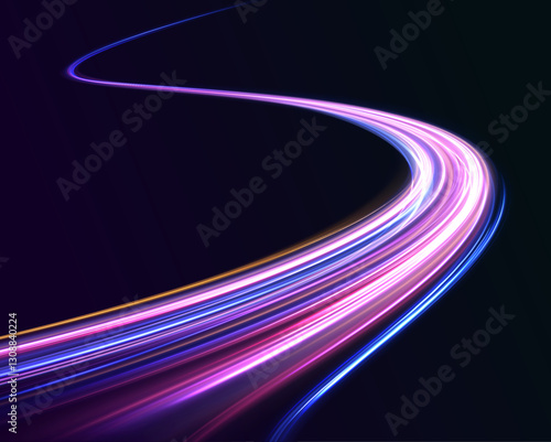 Racing cars dynamic flash effects city road with long exposure night ligh. Neon color glowing lines background, high-speed light trails effect electric light, light effect.	