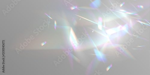 Holographic falling confetti glitters isolated on transparent background. Transparent light refraction pattern for adding effects to backgrounds and objects. Vector illustration.	