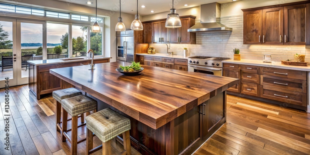 Luxurious Kitchen Island with Rich Wood Countertops and Natural Light Streaming Through Large Windows Luxurious Kitchen Island with Rich Wood Countertops and Natural Light Streaming Through Large Windows
