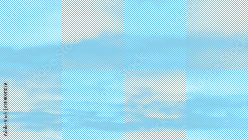 Blue halftone gradient pattern. Retro comic book background with white clouds against blue sky. Vector illustration.