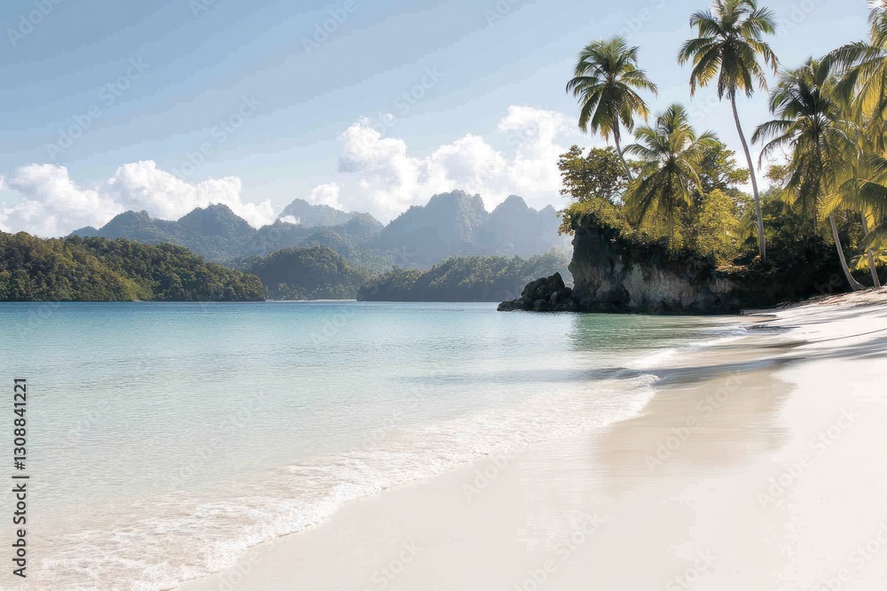 Obraz premium Pristine tropical beach, turquoise water, lush foliage, dramatic mountains
