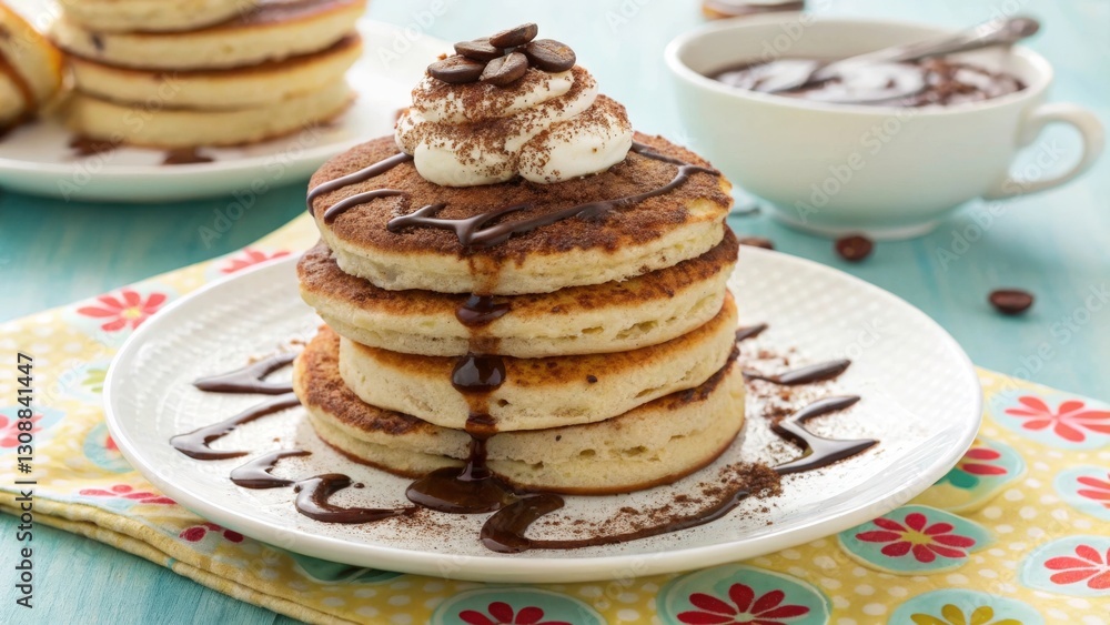 A stack of fluffy pancakes infused with coffee flavor, layered with mascarpone cream and espresso-soaked ladyfingers. A stack of fluffy pancakes infused with coffee flavor, layered with mascarpone cream and espresso-soaked ladyfingers.